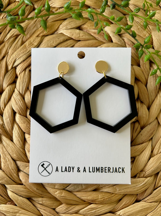 Black Acrylic Hexagon Earrings with Gold Post Stud