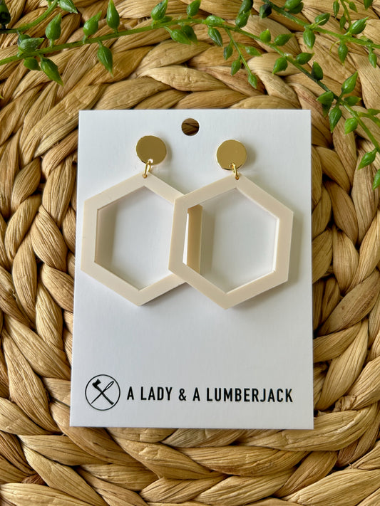 Matte White Acrylic Hexagon Earrings with Gold Post Stud