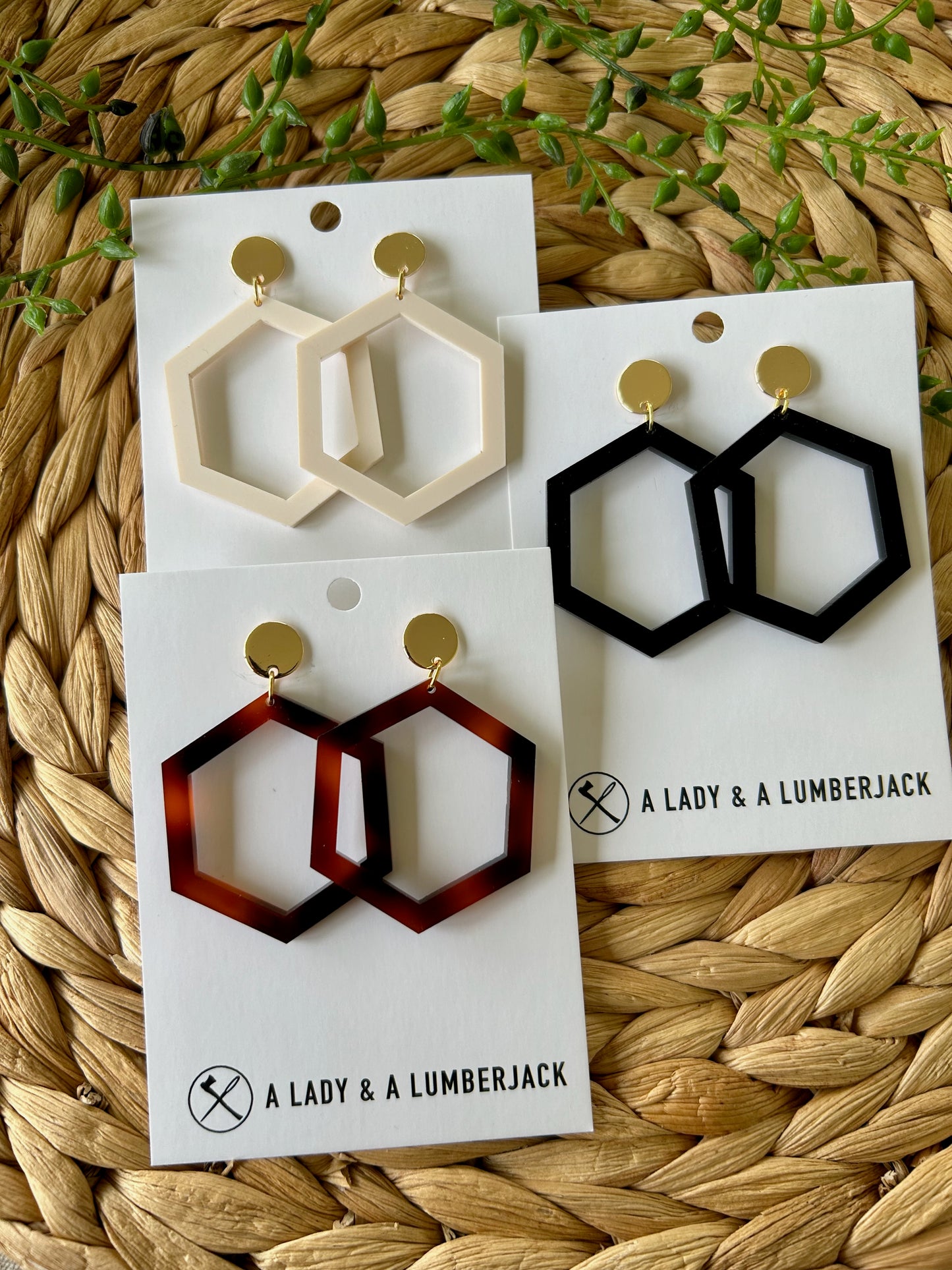 Tortoise Acrylic Hexagon Earrings with Gold Post Stud