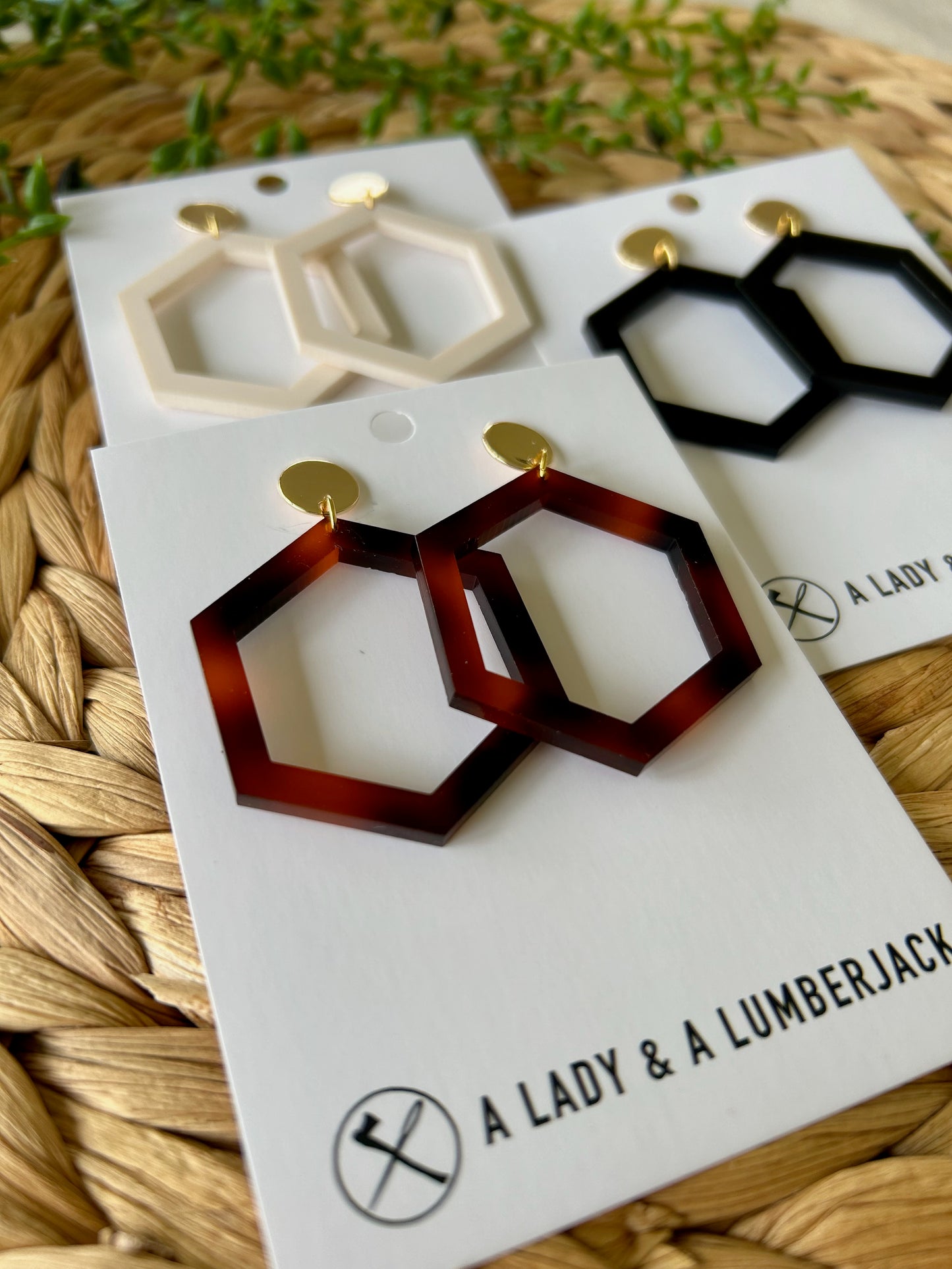 Tortoise Acrylic Hexagon Earrings with Gold Post Stud