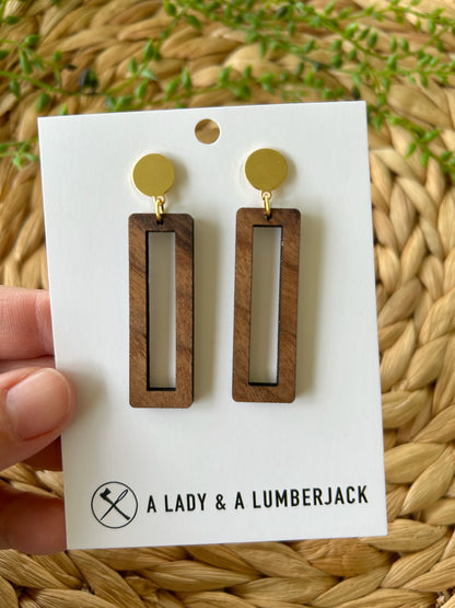 Walnut Open Rectangle Earrings with Gold Post Stud