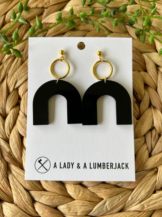 Black Acrylic Arch Earrings with Gold Post Studs