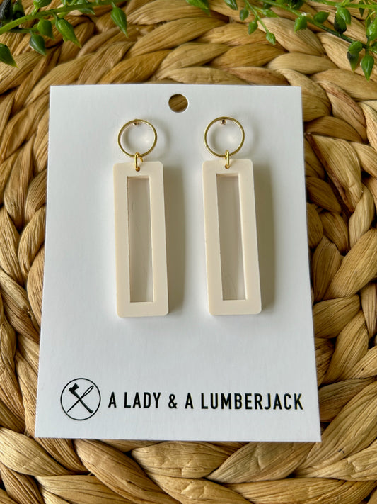 Matte White Acrylic Open Rectangle Earrings with Gold Post Stud