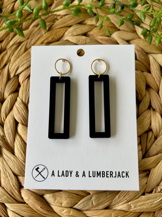 Black Acrylic Open Rectangle Earrings with Gold Post Stud