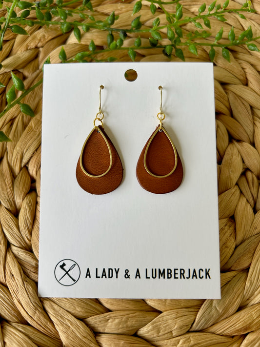 Chestnut Leather & Open Brass Teardrop Dangle Earrings