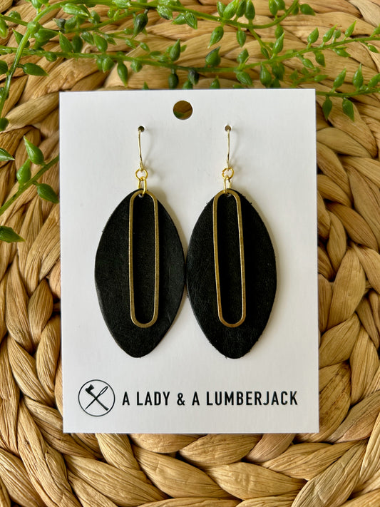 Black Leather & Open Brass Oval Dangle Earrings
