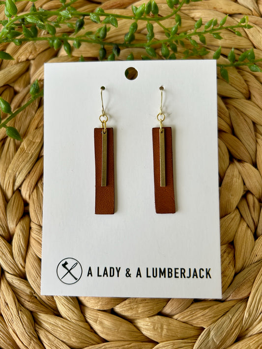 Chestnut Leather & Brass Bar Dangle Earrings