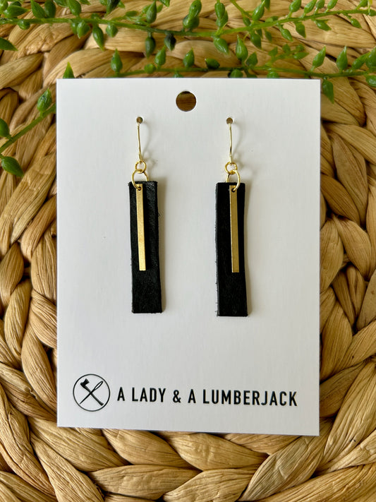Black Leather & Brass Bar Dangle Earrings