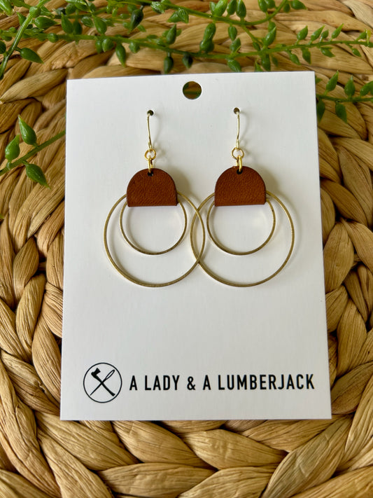 Chestnut Leather & Double Brass Hoop Dangle Earrings