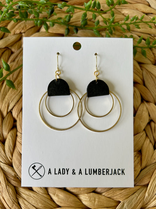 Black Leather & Double Brass Hoop Dangle Earrings