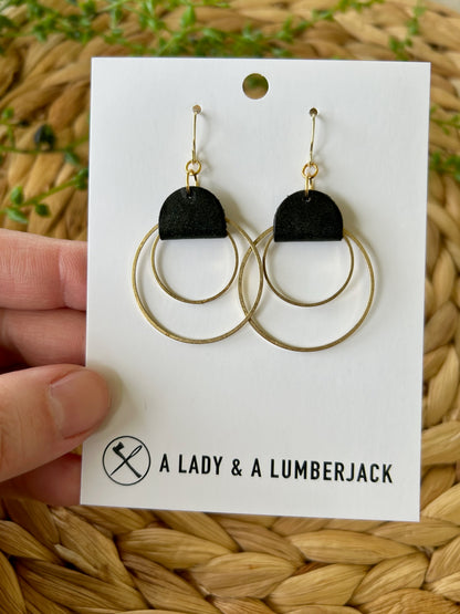 Black Leather & Double Brass Hoop Dangle Earrings