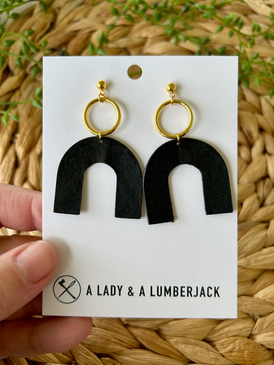 Black Leather Arch Earrings with Gold Post Studs