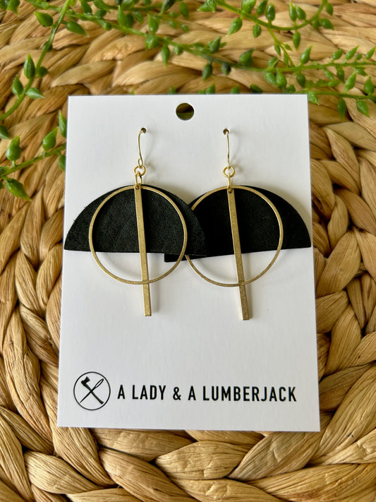 Black Leather Half Moon & Geometric Brass Dangle Earrings