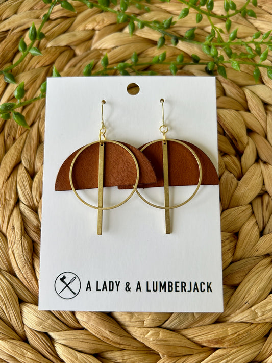 Chestnut Leather Half Moon & Geometric Brass Dangle Earrings