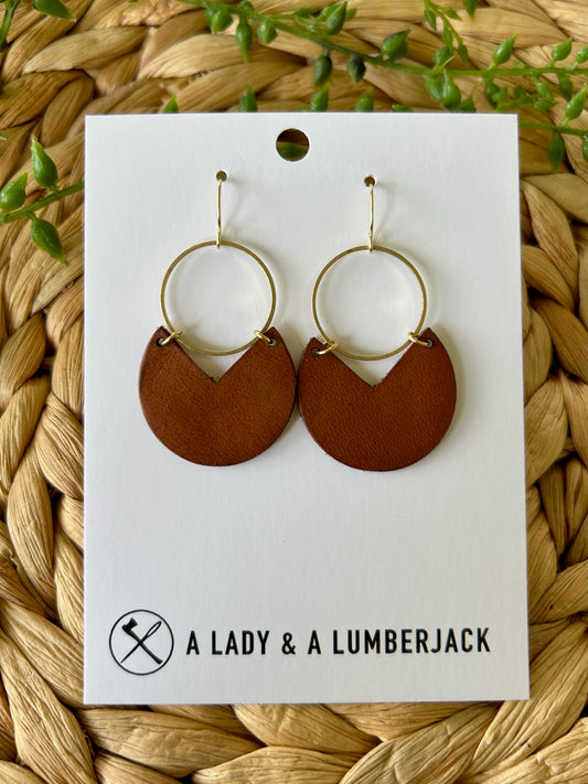 Chestnut Leather & Brass Open Circle Dangle Earrings