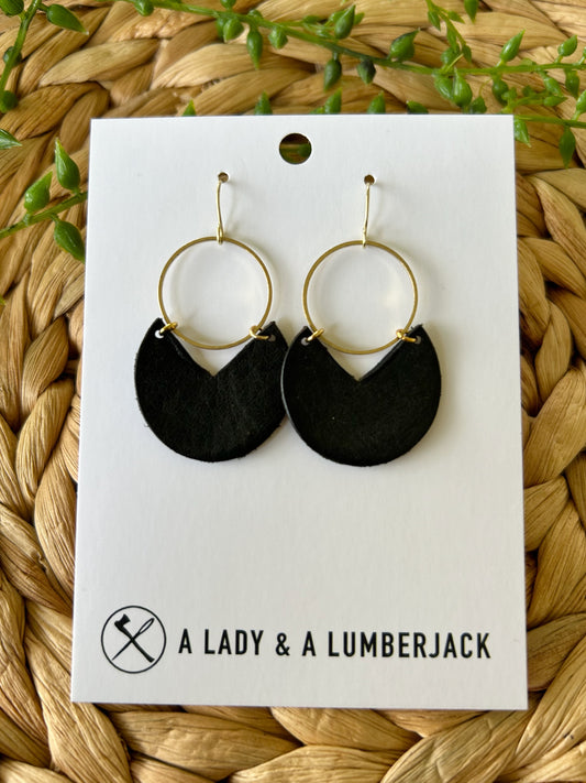 Black Leather & Brass Open Circle Dangle Earrings