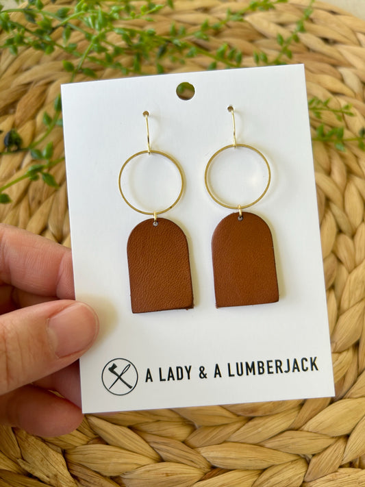 Brass Open Circle & Chestnut Leather Arch Dangle Earrings