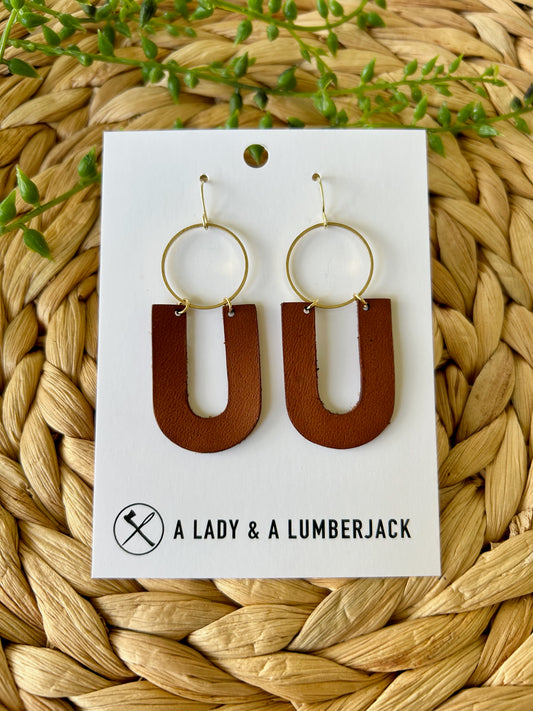 Brass Open Circle & U-Shaped Chestnut Leather Dangle Earrings