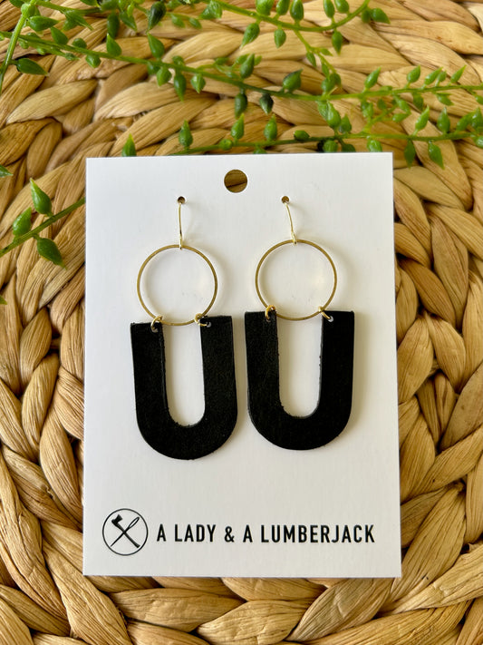 Brass Open Circle & U-Shaped Black Leather Dangle Earrings