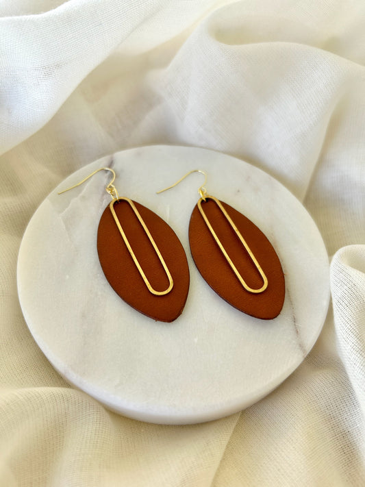 Chestnut Leather & Open Brass Oval Dangle Earrings
