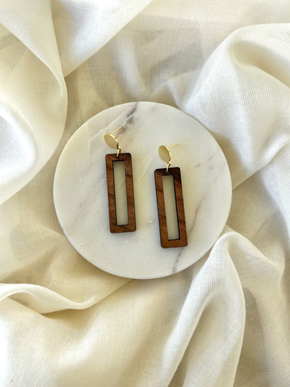 Walnut Open Rectangle Earrings with Gold Post Stud